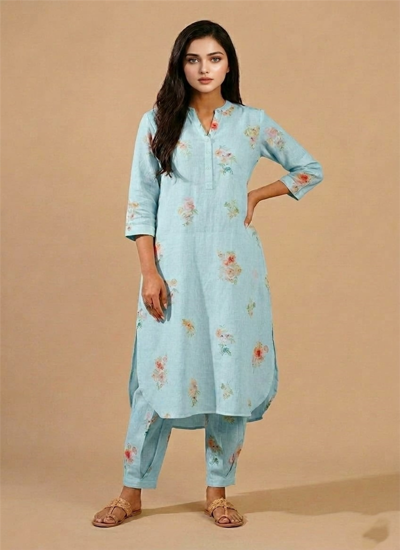 Blue Floral Cotton Straight Kurta With Straight Pants After Six Wear