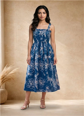 Blue Floral Printed Cotton Midi Dress
