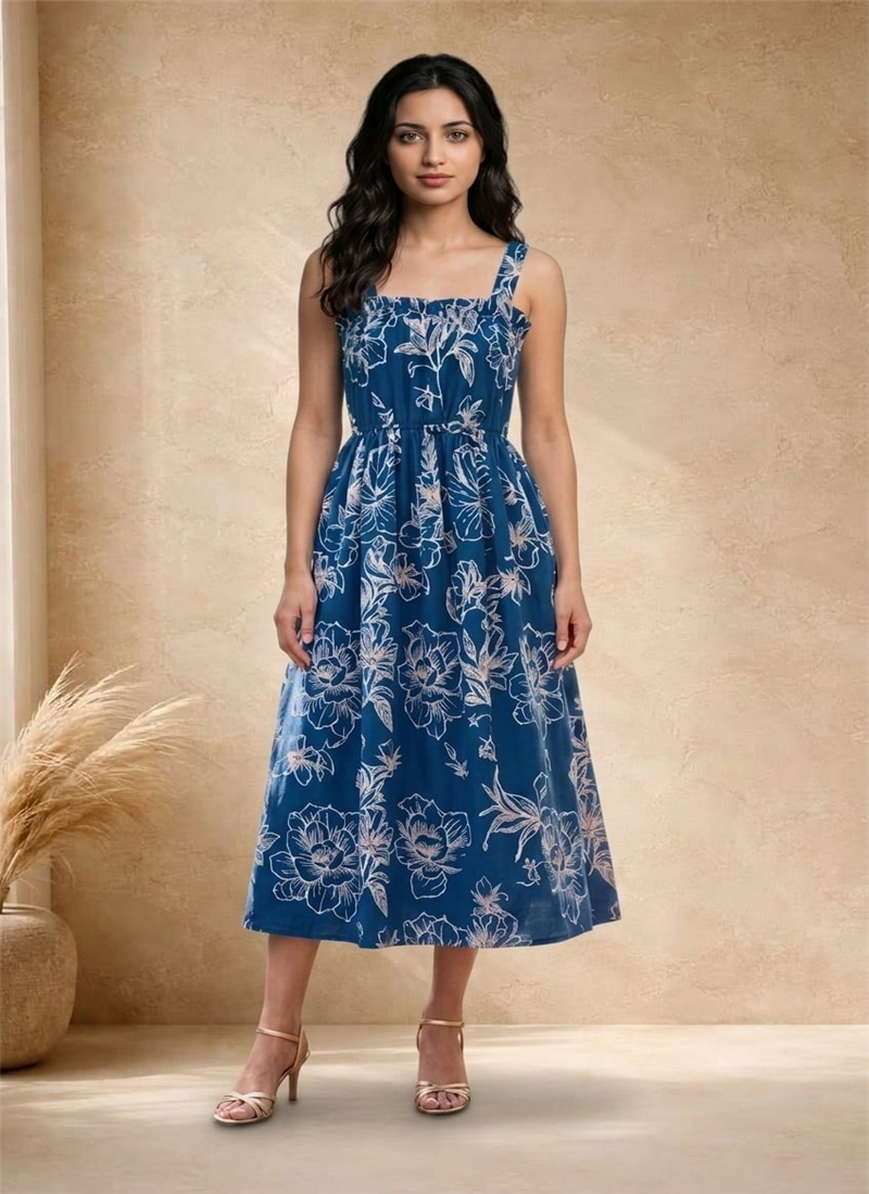 Blue Floral Printed Cotton Midi Dress After Six Wear