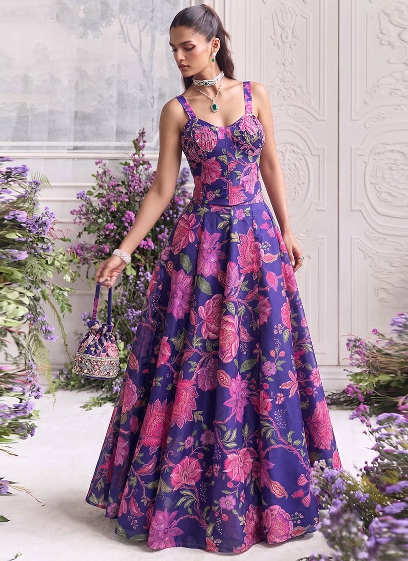 Blue Floral Tabby Organza Embroidered Printed Corset Crop Top Skirt Set After Six Wear