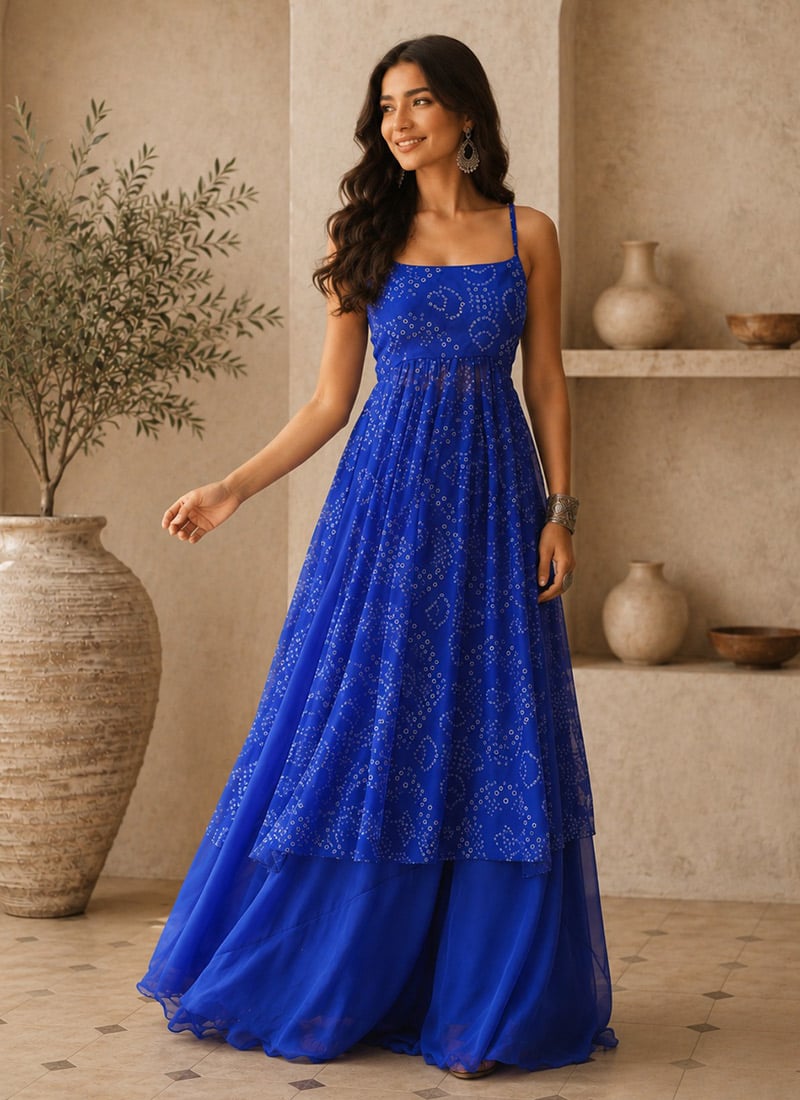 Blue Georgette Bandhani Printed IndoWestern Set After Six Wear