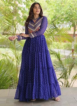 Blue Georgette Bandhani Printed Kutchi Patch Work Dandiya Nights Gown