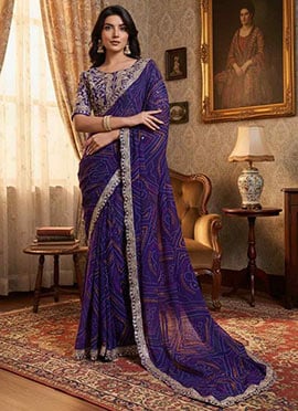 Blue Georgette Bandhini Cut Work Saree