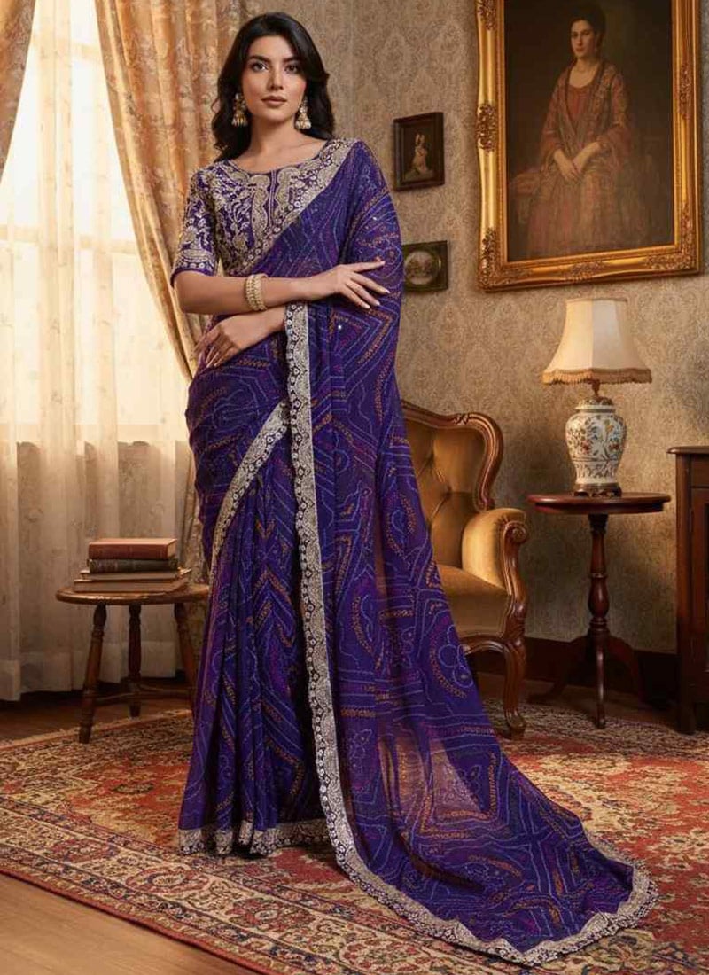 Blue Georgette Bandhini Cut Work Saree Festive Wear