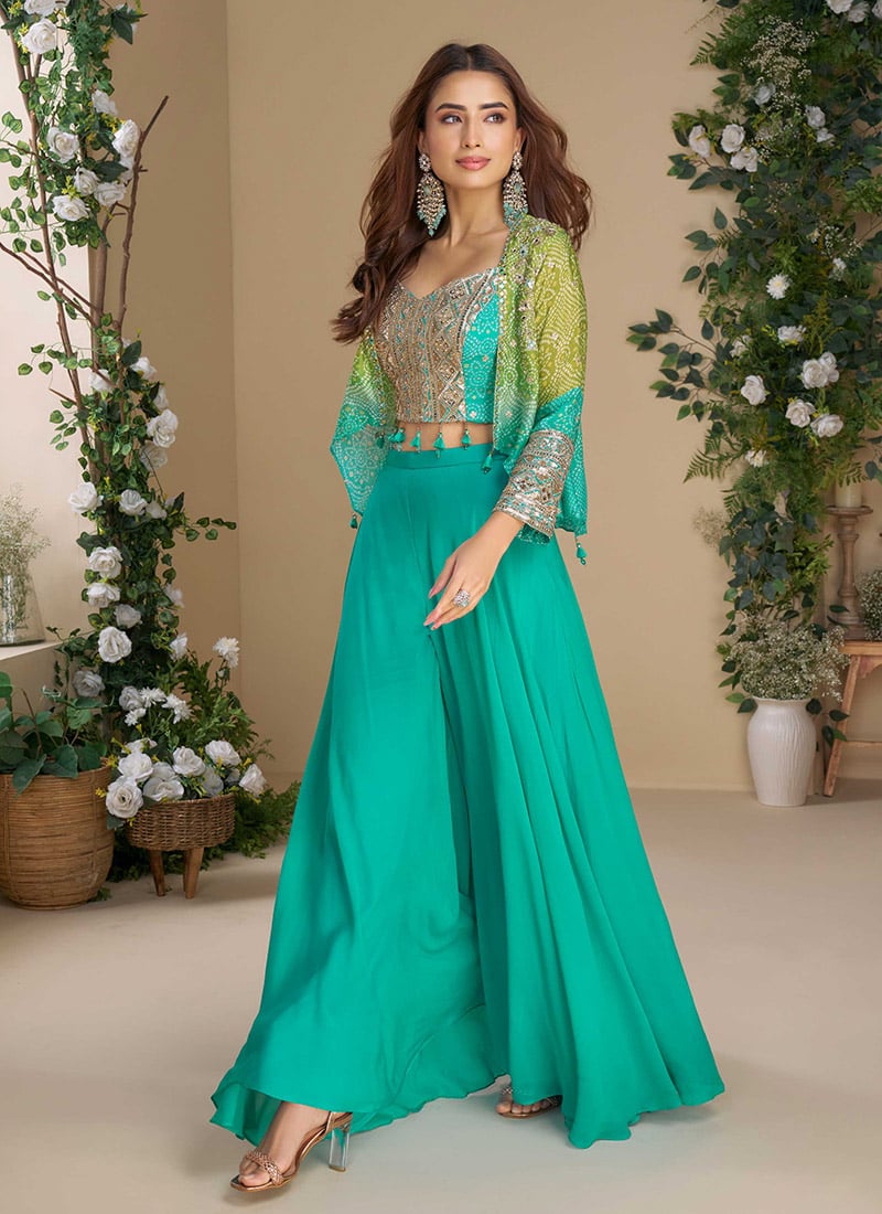 Blue Georgette Bandhini Print Zari Embroidered Sequins Beads Indowestern Jacket Palazzo Set