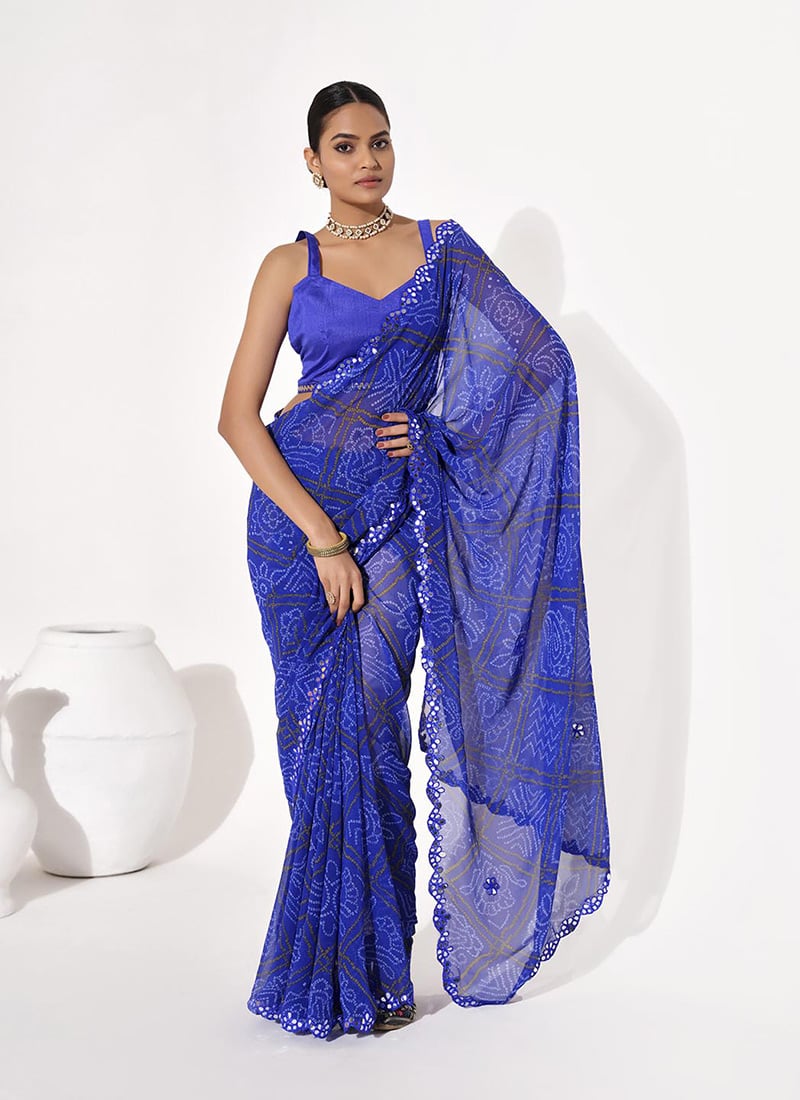 Blue Georgette Bandhini Saree With Embroidery