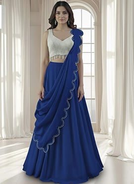 Blue Georgette Beads Hand Embroidered A Line Lehenga