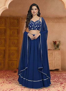 Blue Georgette Beads Hand Embroidered Lehenga