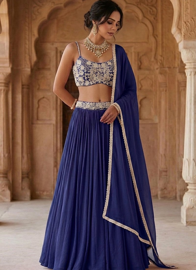 Blue Georgette Beads Hand Embroidered Lehenga Wedding Wear
