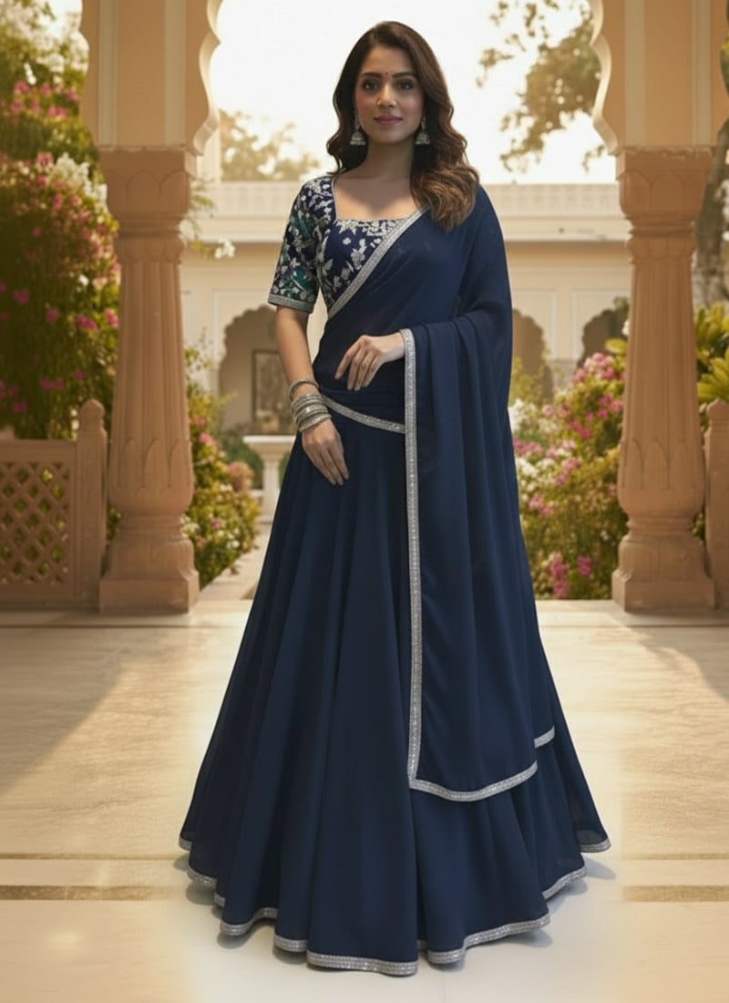 Blue Georgette Beads Hand Embroidered Lehenga Wedding Wear