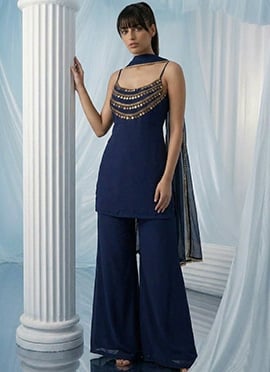 Blue Georgette Beads Hand Embroidered Palazzo Suit
