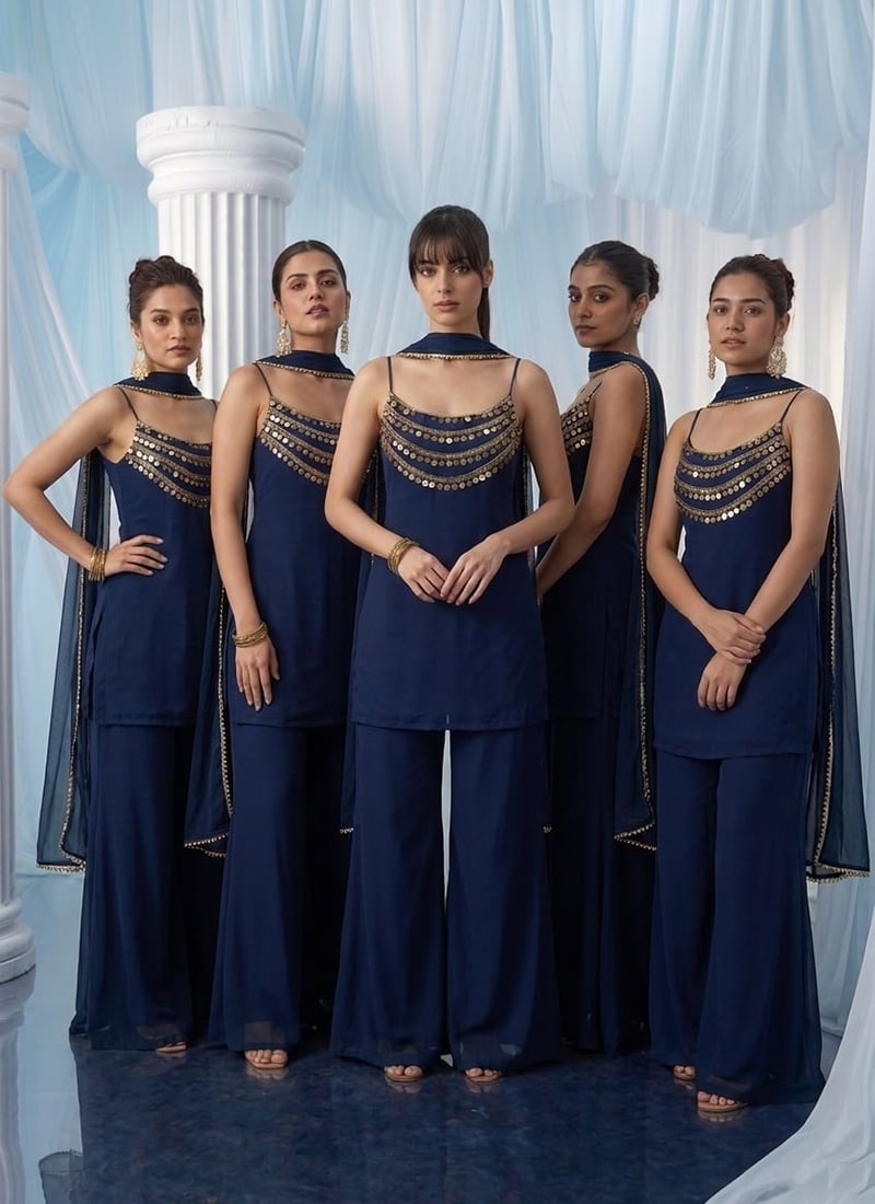 Blue Georgette Beads Hand Embroidered Palazzo Suit Wedding Wear