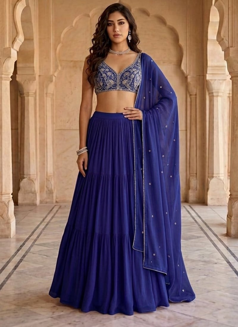 Blue Georgette Beads Hand Embroidered Sequins Lehenga Wedding Wear