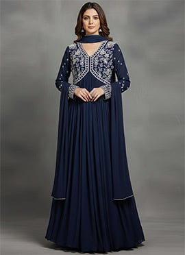 Blue Georgette Beads Hand Work A Line Anarkali Suit