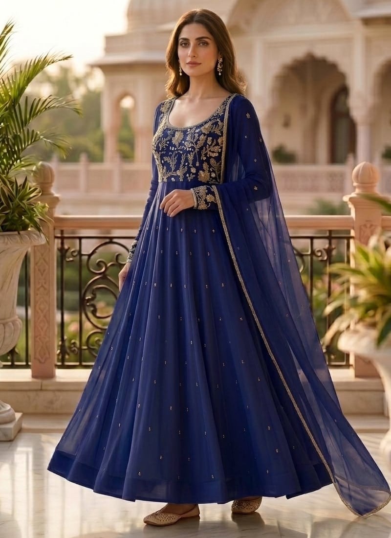 Blue Georgette Beads Hand Work Sequins Embroidered Elegant Anarkali Suit Wedding Wear