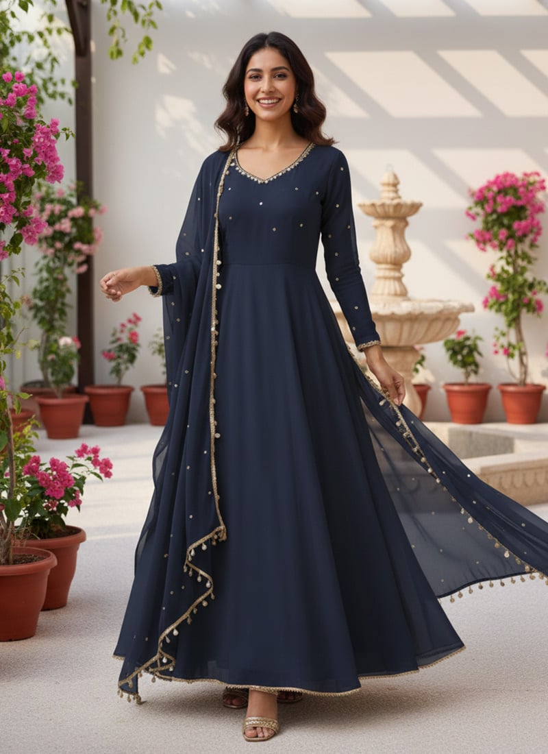 Blue Georgette Beads Sequins Anarkali Suit Festive Wear
