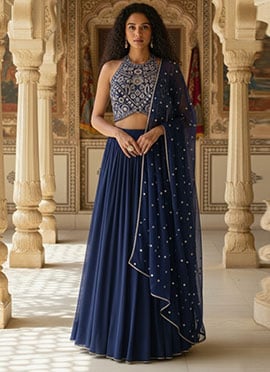 Blue Georgette Beads Sequins Hand Embroidered Lehenga