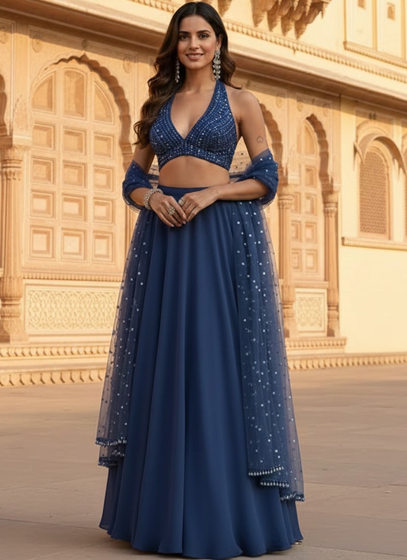 Blue Georgette Beads Stone Hand Embroidered Lehenga  Wedding Wear