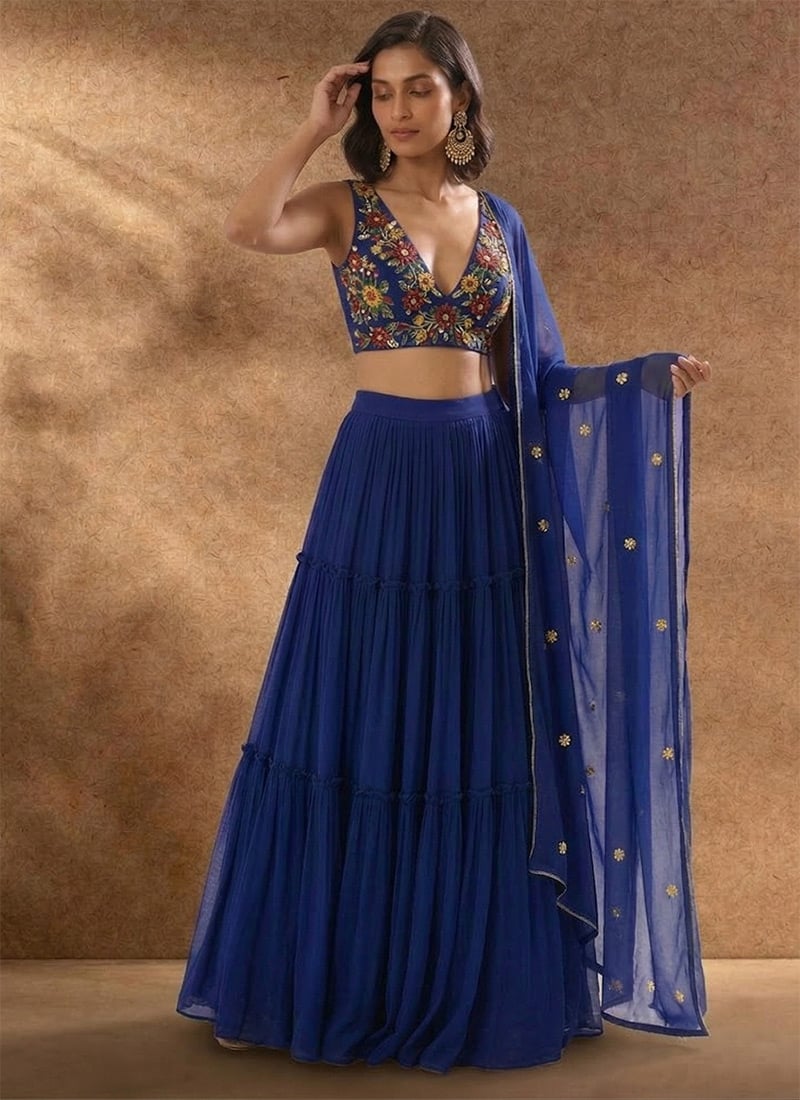 Blue Georgette Beads Stone Sequins Hand Embroidered Lehenga Wedding Wear