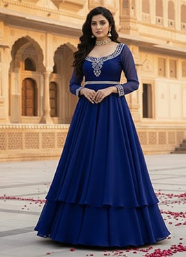 Blue Georgette Beads Zari Anarkali Gown