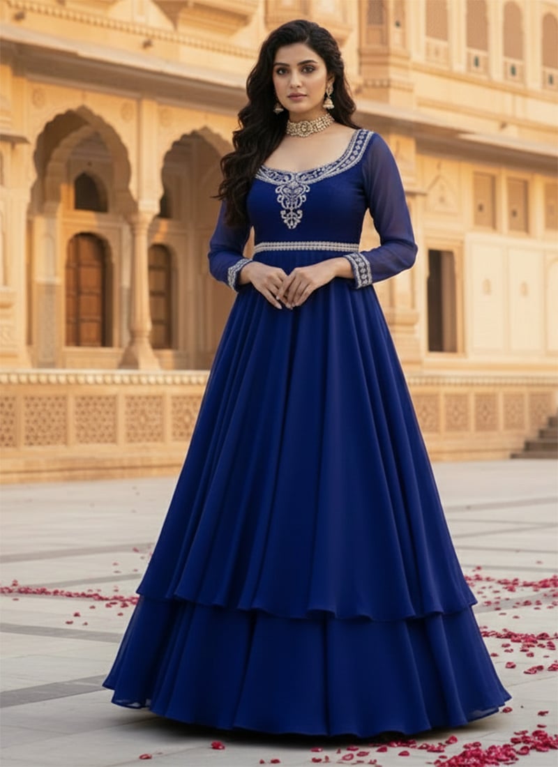 Blue Georgette Beads Zari Anarkali Gown After Six Wear