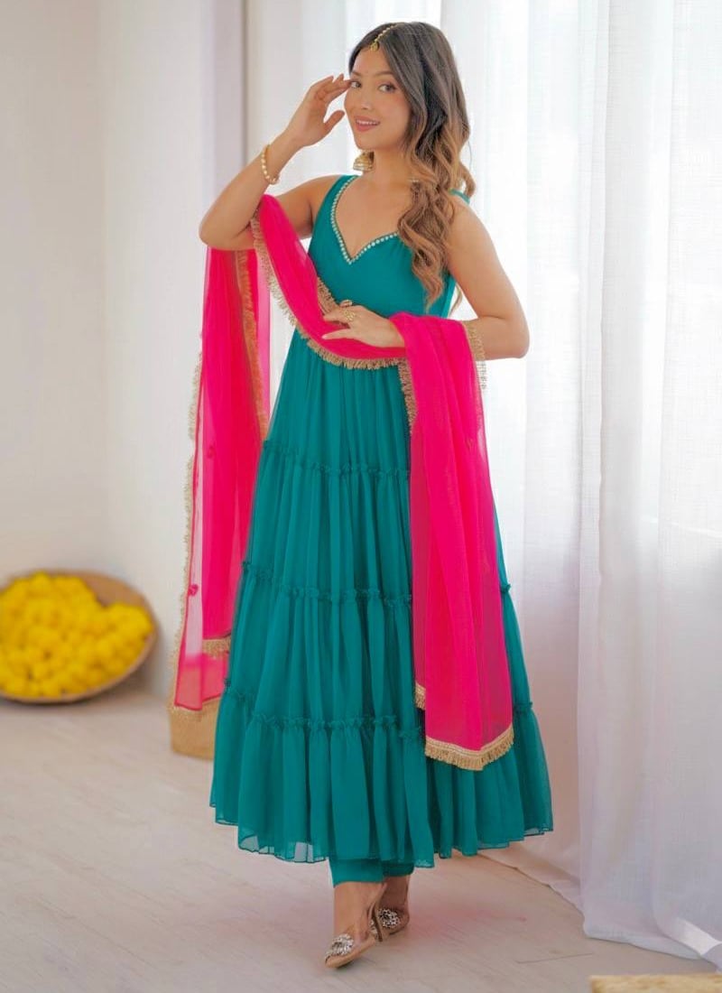 Blue Georgette Chiffon Gotta Patti Anarkali Suit After Six Wear