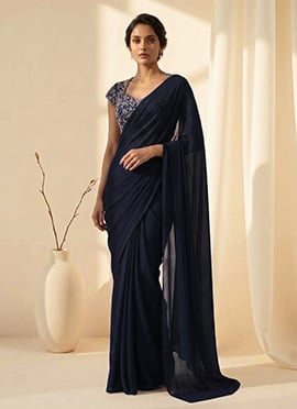 Blue Georgette Cutdana Beads Sequins Embroidered Saree
