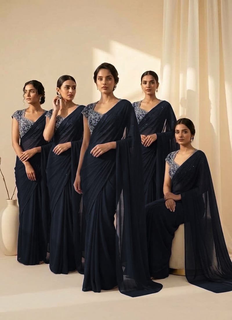 Blue Georgette Cutdana Beads Sequins Embroidered Saree After Six Wear