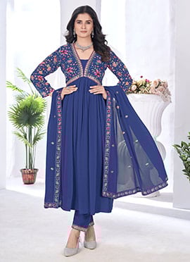 Blue Georgette Digital Print Embroidered Anarkali Suit
