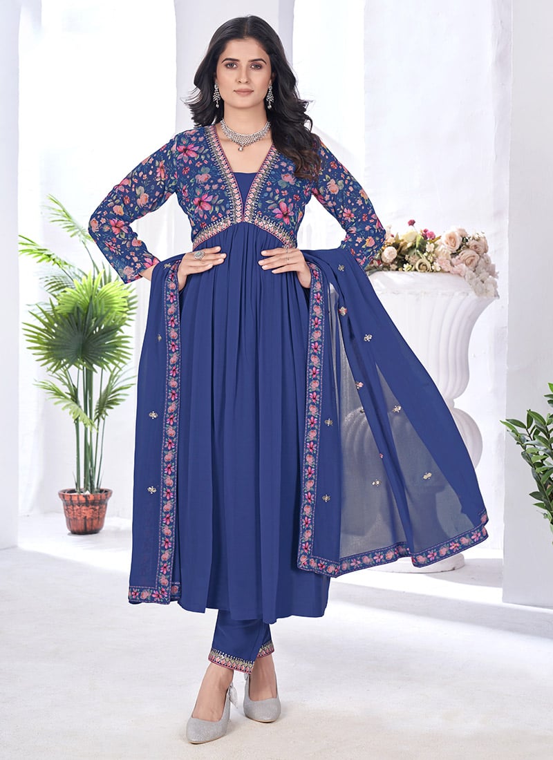 Blue Georgette Digital Print Embroidered Anarkali Suit Festive Wear