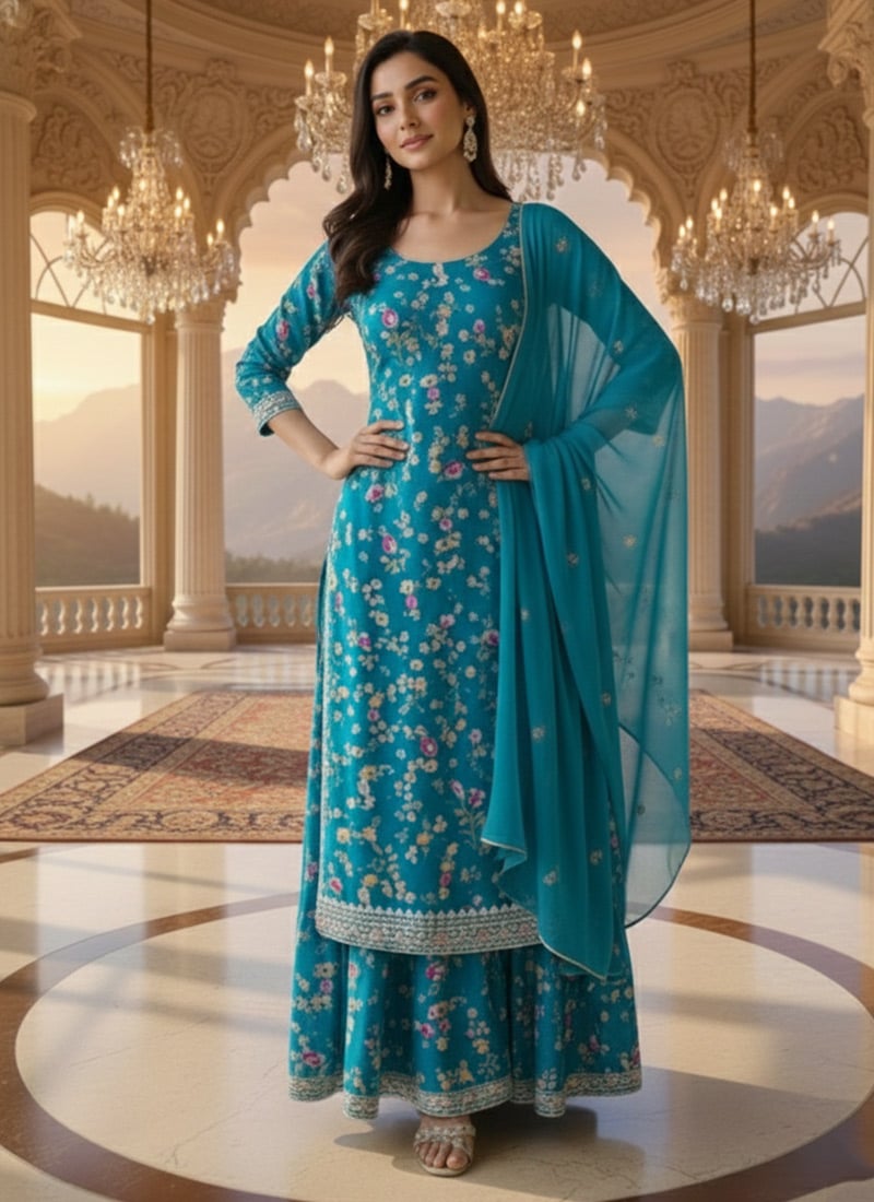 Blue Georgette Digital Printed Palazzo Suit Festive Wear