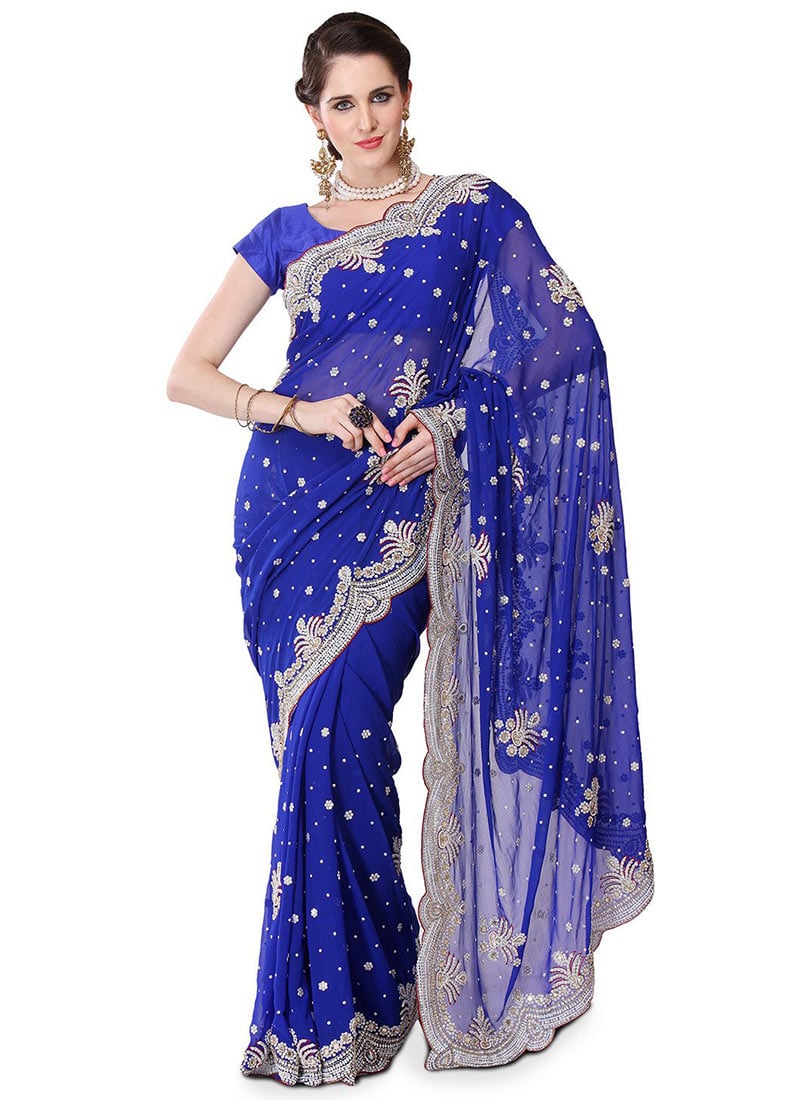 Blue Georgette Embellished Saree
