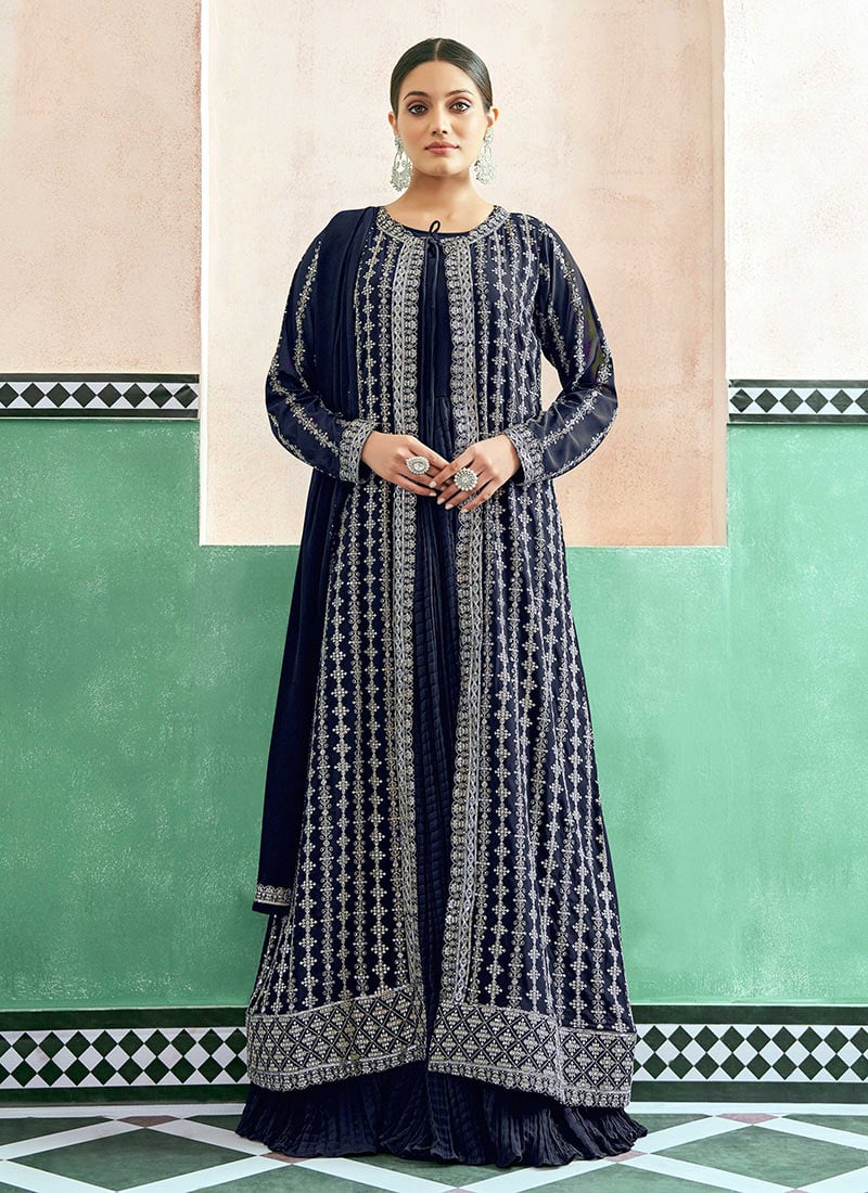 Blue Georgette Embroidered Sequins Anarkali Suit With Jacket Festive Wear-SLSCC47232034