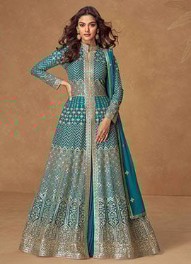 Blue Georgette Embroidered Sequins Anarkarli Lehenga
