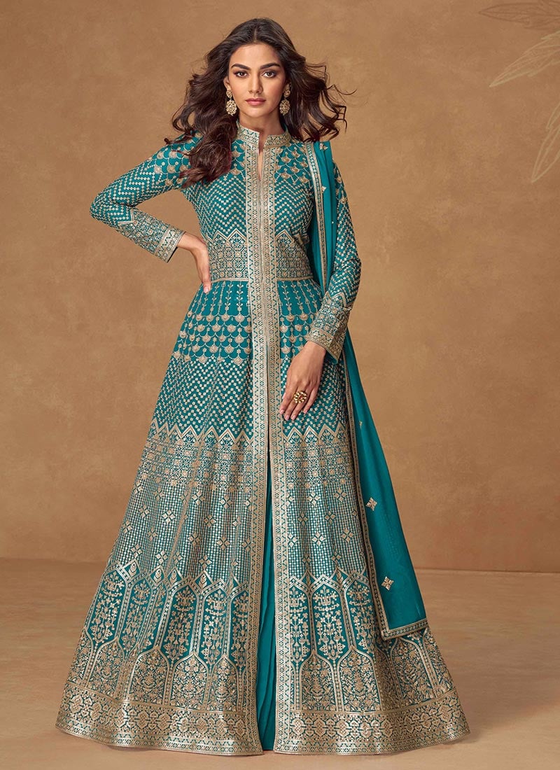 Blue Georgette Embroidered Sequins Anarkarli Lehenga Wedding Wear