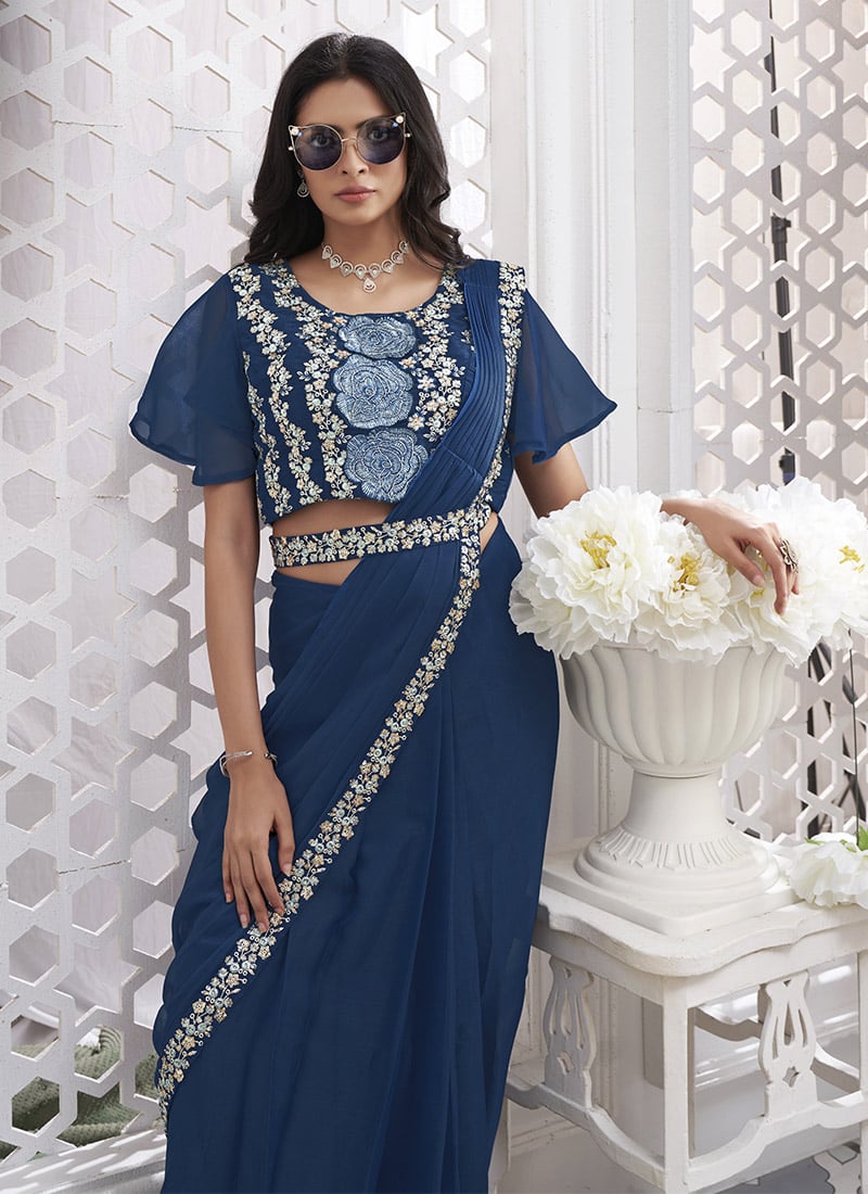 Blue Georgette Embroidered Sequins Cut Dana Hand Work Pre Draped Saree Party Wear-SASCE2804BU