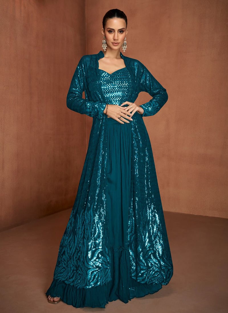 Blue Georgette Embroidered Sequins Indowestern Jacket Palazzo Set Wedding Wear