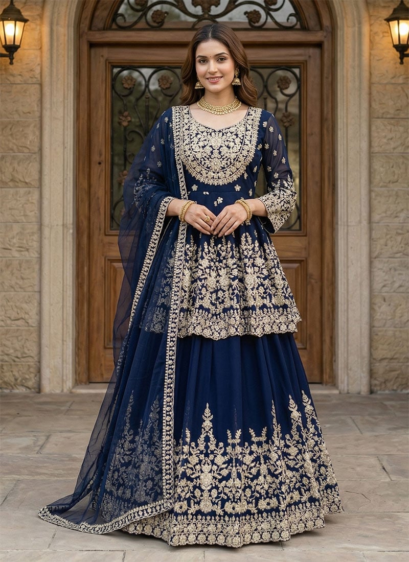 Blue Georgette Embroidered Sequins Lehenga  Festive Wear