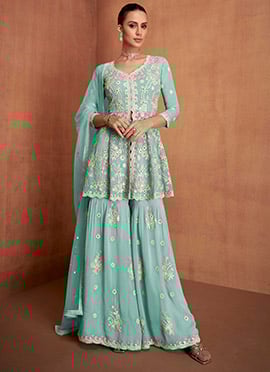Blue Georgette Embroidered Sequins Mirror Work High Slit Sharara Suit