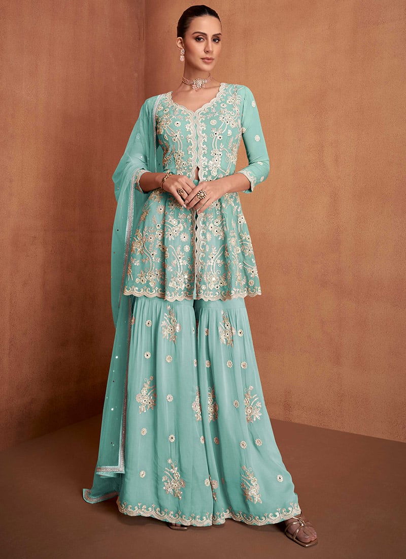 Blue Georgette Embroidered Sequins Mirror Work High Slit Sharara Suit Festive Wear