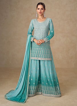 Blue Georgette Embroidered Sequins Mirror Work Pakistani Palazzo Suit