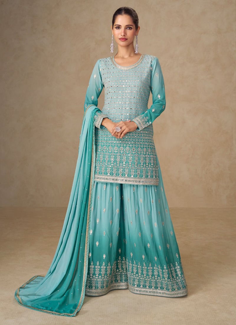 Blue Georgette Embroidered Sequins Mirror Work Pakistani Palazzo Suit Festive Wear