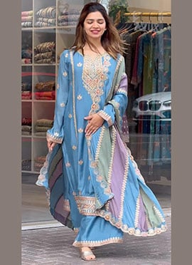 Blue Georgette Embroidered Sequins Palazzo Suit