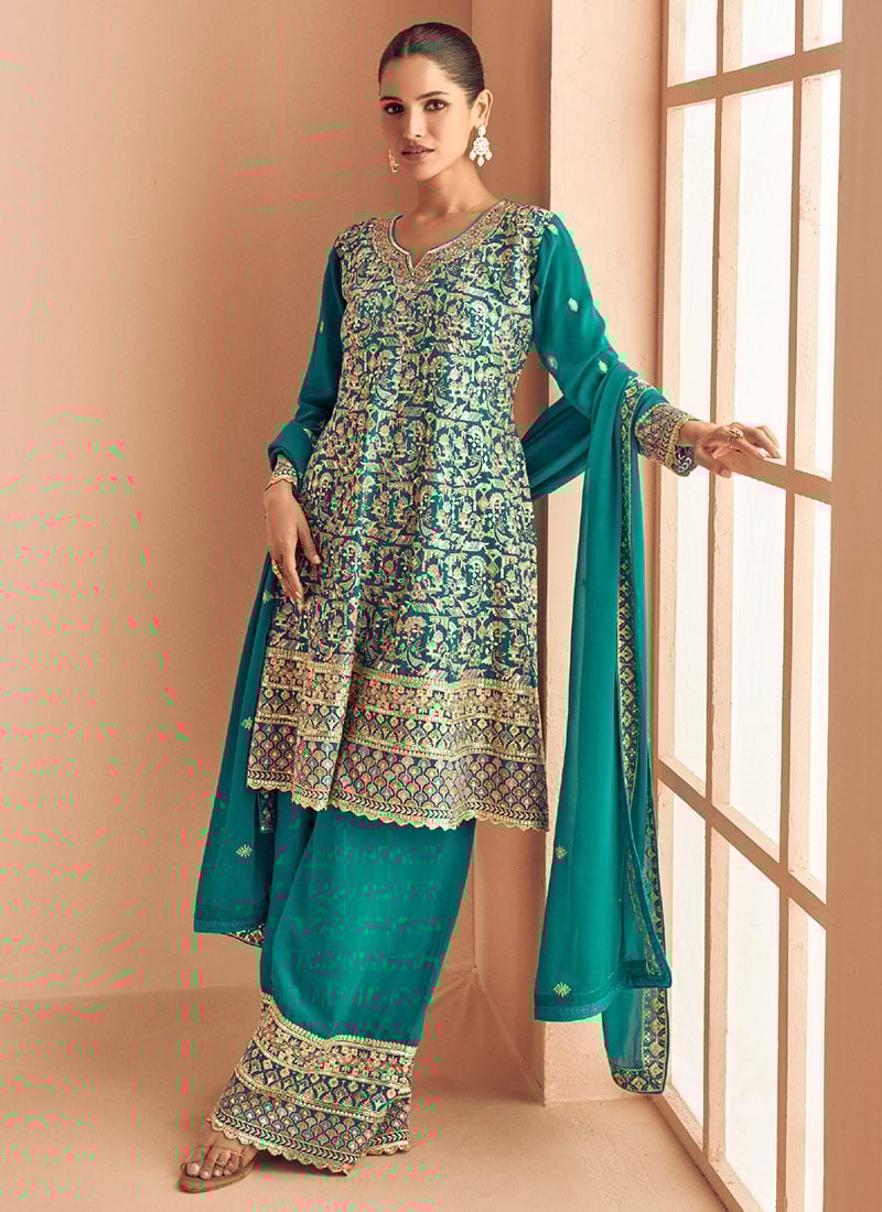 Blue Georgette Embroidered Sequins Stone Work Palazzo Suit Festive Wear