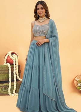 Blue Georgette Embroidered Sequins Stones Cutdana Hand Embroidery Lehenga