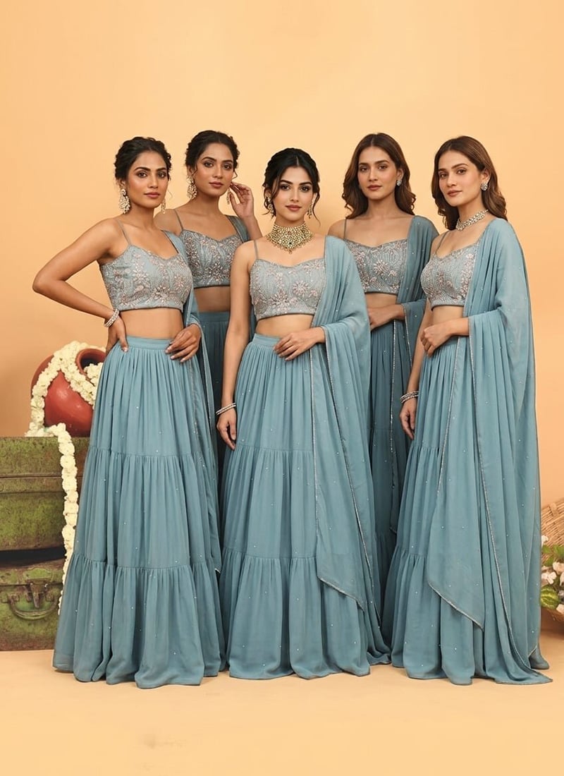 Blue Georgette Embroidered Sequins Stones Cutdana Hand Embroidery Lehenga Wedding Wear