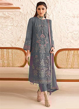 Blue Georgette Embroidered Sequins Straight Pant Suit Set