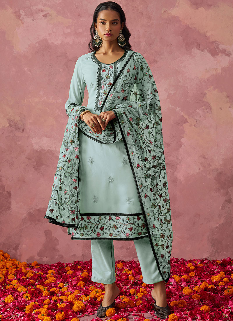 Blue Georgette Embroidered Sequins Straight Pant Suit