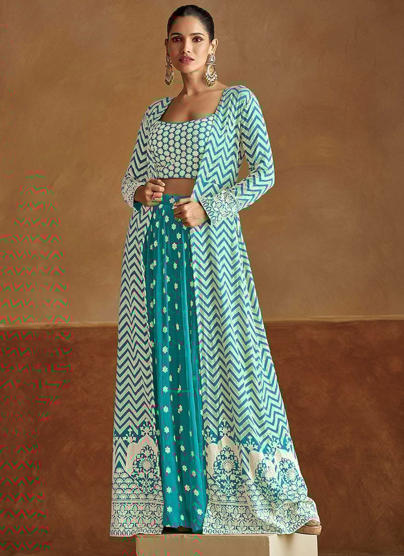 Blue Georgette Embroidered Sequins Stylish Indowestern Jacket Palazzo Set Wedding Wear