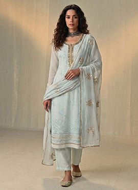 Blue Georgette Embroidered Sequins Thread Khatli Work Straight Pant Suit
